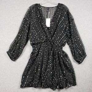 Mango 10 Black White Abstract Print Chiffon Wrap Mini Dress NWT Balloon Sleeve‎